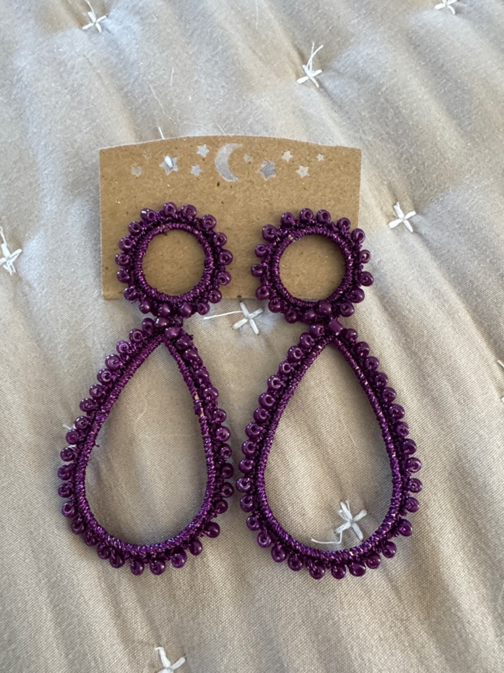 Purple Crochet and Beaded Teardrop Statement Earrings